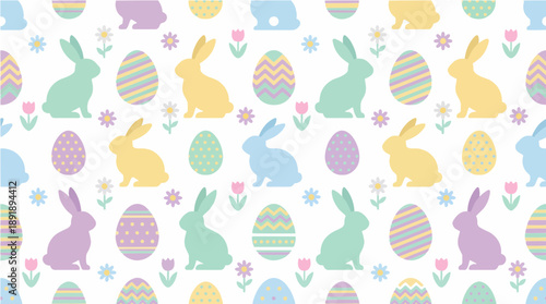 Seamless Easter pattern with bunny silhouettes and decorated eggs on white background