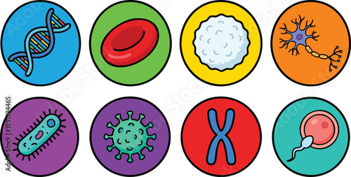 Microorganisms and Cells in Circular Icons.