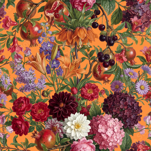 Seamless vector pattern with colorful autumn garden flowers and fruits isolated on a changeable background. Vintage painting style illustration.