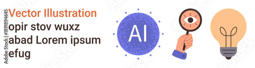 Artificial intelligence, technology advancements, innovation, problem-solving, research, data analysis. AI symbol, hand holding a magnifying glass and light bulb icon. Innovation and technology
