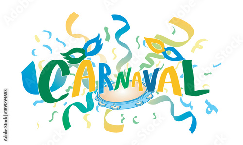 Carnival with tambourine, masks, and ribbons. Banner of the most famous Brazilian popular festival. Transparent background.