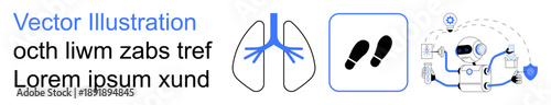 Healthcare technology, biometrics, diagnostics, artificial intelligence, robotics, automation. Icons lungs, footprints robot with shield. Healthcare and biometrics concept
