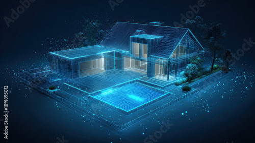 Real estate business market, house home building purchase sale. A digital artwork of a house rendered in a cyberpunk style with a blue hue, featuring a blueprint of the house, a swimming pool.