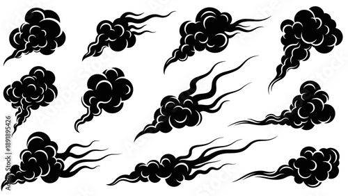 Collection of various black smoke clouds in different shapes and sizes, vector illustration, isolated on a clean background from various viewpoints