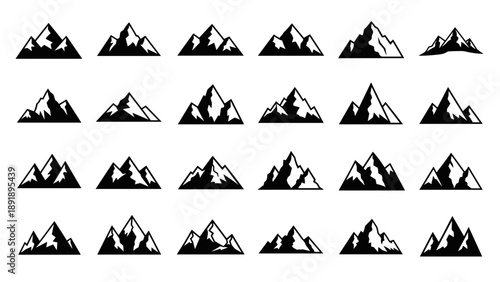 Vector illustration of multiple mountain peaks in various styles and silhouettes in a grid layout