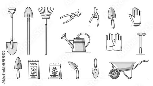 Gardening tools and equipment vector illustration set on a clean background from a straightforward viewpoint