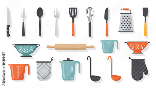 Kitchen utensils and tools arranged neatly on a flat surface in a modern kitchen, vector illustration