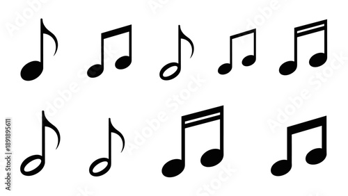 Vector illustration of various black musical notes arranged in a grid pattern on a clean background from a straightforward viewpoint