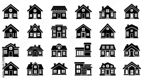 Collection of various house designs in vector format, showcasing different architectural styles and structures from a front viewpoint