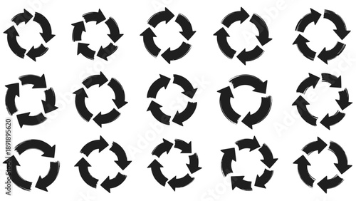 Vector illustration of recycling symbols arranged in a grid pattern, representing sustainability and eco-friendly practices in a modern context from a direct viewpoint.
