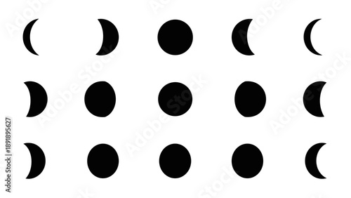 Vector illustration of a grid featuring various lunar phases in different stages of illumination