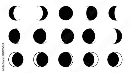 Vector illustration of lunar eclipse phases from new moon to full moon in a grid layout