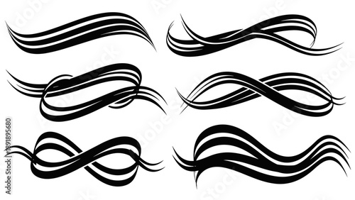 Collection of vector swirls in various curvaceous shapes and fluid motions on a clean background from a direct viewpoint.
