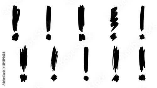 Set of hand drawn vector exclamation marks in various styles and brush strokes on a blank canvas from a straightforward viewpoint