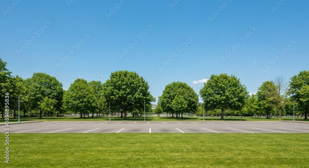 Fototapeta premium Wide empty parking lot with green grass, lined with trees against a bright blue sky