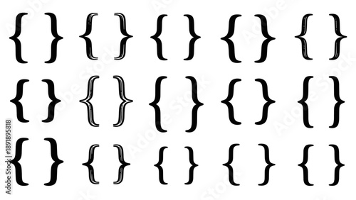 Collection of curly bracket symbols arranged in a grid pattern, vector illustration, isolated on a simple background, viewed from directly above