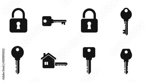 Vector illustration of security icons including locks and keys surrounding a house symbol on a clean white background from a straightforward viewpoint