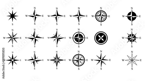 A collection of vector compass rose designs showcasing various directional indicators and navigation symbols in a grid layout from a top-down viewpoint