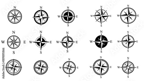 Vector compass icons set, various designs and styles, navigation tools, direction indicators, isolated illustrations