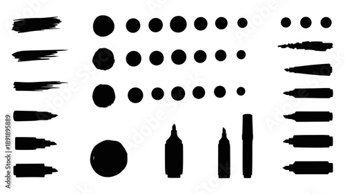 A collection of vector silhouettes representing various shapes and objects displayed on a clean background from a straightforward viewpoint.