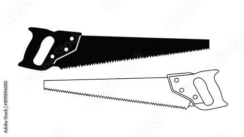 Vector illustration of a hand saw tool, black silhouette and outline, on transparent background, for construction