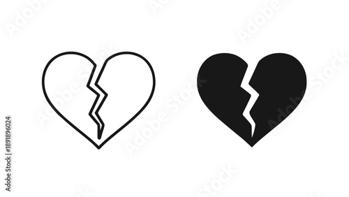 Vector illustration of a broken heart concept symbol in outline and solid styles, on transparent background, representing sadness and loss
