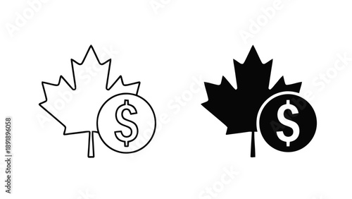 Vector illustration of a Canadian dollar currency icon with maple leaf symbol, on transparent background