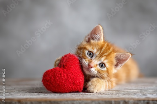 Cute ginger cat with a heart in a paw. Valentine's day concept. Love for pets. A card for Valentine's Day or for animal shelters