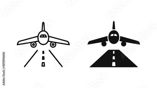Vector illustration of airplane icons taking off from runway, on transparent background