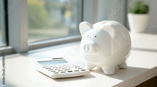 白い豚の貯金箱と電卓
