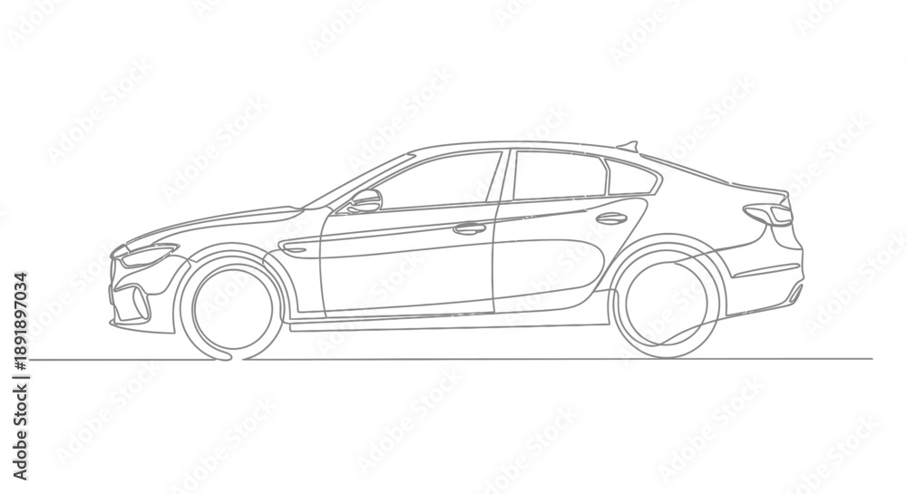 Fototapeta premium Minimalist continuous line art drawing of a modern sedan car in side profile on a clean white background.