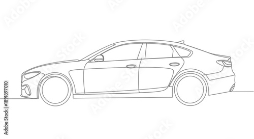 Continuous line drawing of a modern sedan car, side view, minimalist automotive design illustration on a white background.