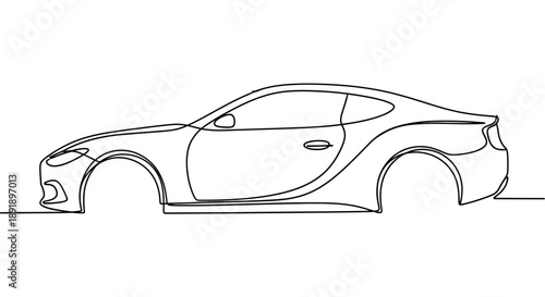 Continuous line drawing of a modern sports car body profile on a white background, showcasing sleek automotive design.
