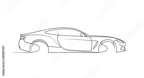Continuous line art drawing of a sleek modern sports car coupe in side profile on a white background.