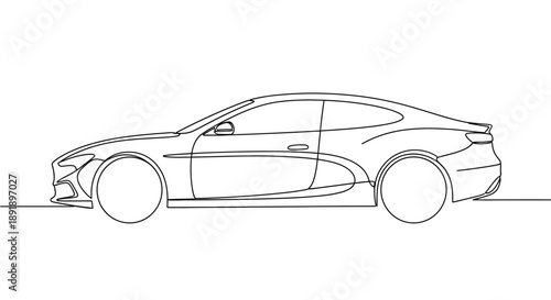 A minimalist continuous line art drawing of a modern sports car in side profile on a white background.