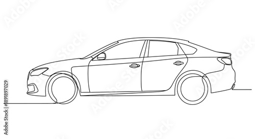 Continuous line drawing of a modern sedan car in side profile, minimalist black and white illustration.
