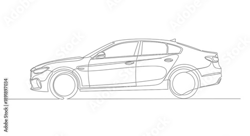 Minimalist continuous line art drawing of a modern sedan car in side profile on a clean white background.