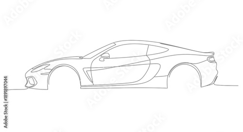 Minimalist continuous line art drawing depicting the sleek side profile of a modern sports car on a clean white background.