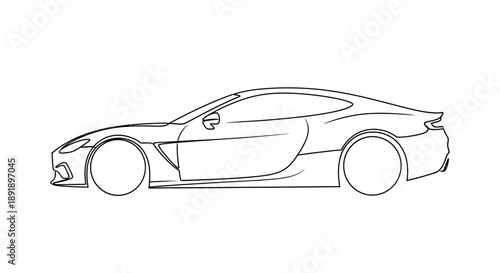 Line art drawing of a sleek sports car in profile view, showcasing its elegant design and dynamic silhouette.