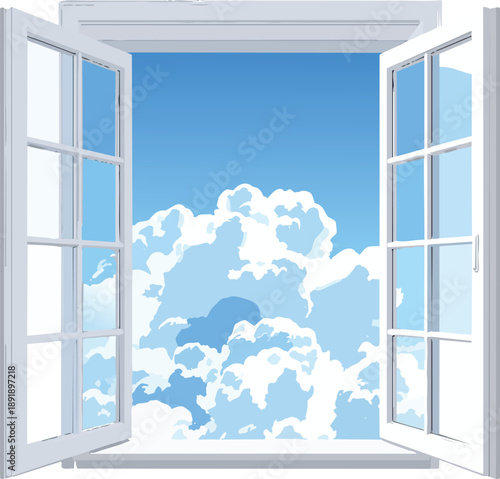 Open Window Frame Revealing Clouds Instead of Sky Creating Surreal Dreamlike Perspective