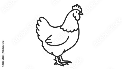 Minimalist black and white line art icon of a farm animal, specifically a chicken or hen, standing gracefully