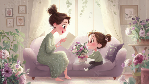 Mothers Day, Valentines Day, love holiday theme. A mother and daughter sitting on a couch, surrounded by a cozy living room. The mother reads a book to her daughter, who holds a bouquet of flowers.