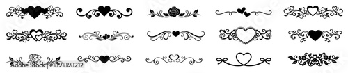Valentine’s Day decorative borders, frames, ornaments and dividers with hearts and romantic elements, elegant vintage style design set for love cards, wedding banners and packaging