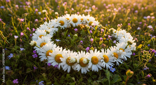 Daisy flower crown on green grass in sunlight wreath
