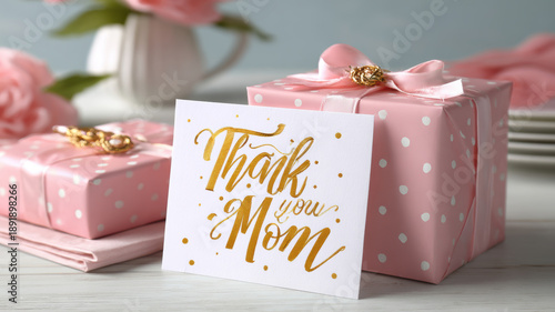 Mothers Day, Valentines Day, love holiday theme. A table with pink gift boxes adorned with gold polka dots and a Thank You Mom card placed on top. The background is slightly blurred.