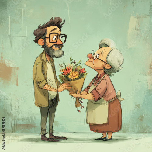 Mothers Day, Valentines Day, love holiday theme. A man giving a bouquet of flowers to an elderly woman. The man, wearing glasses and a beard, is presenting the flowers to the woman.