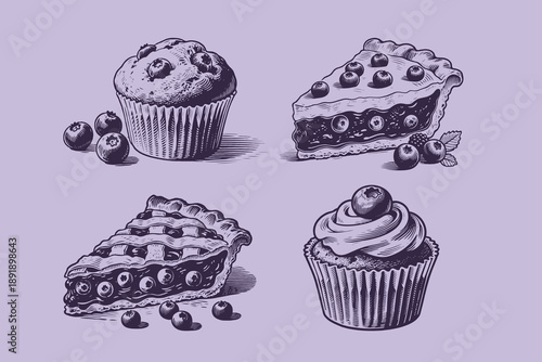 Assorted blueberry pastries including muffins and pies drawn in vintage sketch style on a soft purple background, concept of bakery desserts