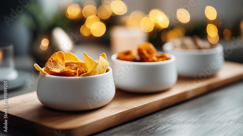 Minimalist serving setup with assorted vegetable chips in small white ceramic bowls, placed on wooden board with soft warm light, clean composition for healthy snacking themes,