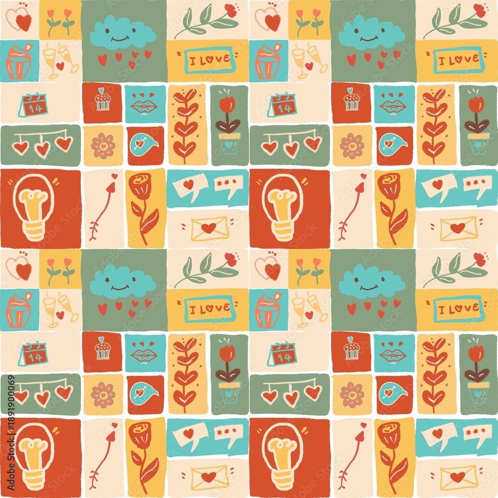 Fototapeta premium Colorful seamless pattern vector set featuring cute cartoon heart icons and fun alphabet elements for a vibrant home decoration wallpaper design