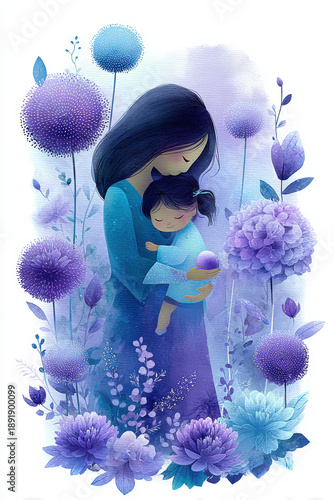Mothers Day, Valentines Day, love holiday theme. A mother and child embracing in a lush garden of vibrant purple and blue flowers. The mother, wearing a blue dress, cradles the child in her arms.